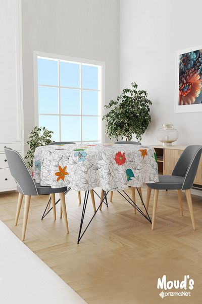 Moud's Flower Series Patterned Round Suede Carefree Tablecloth