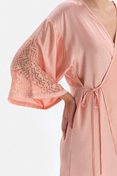 Dagi Tied Satin Dressing Gown with Salmon Lace Detail