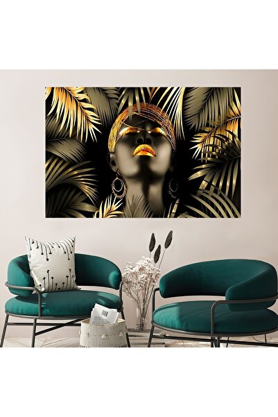 HDART Siyahi Afrikalı Zenci Kadın Gold Altın Yapraklı Yatay Kanvas Tablo Tablosu