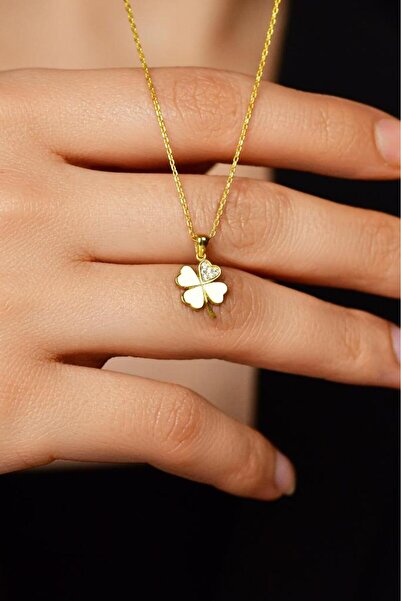 Roza Silver Zirkon Taşlı Gold Dört Yapraklı Yonca Gümüş Kolye