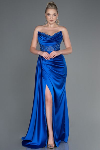 Abiyefon Saks Blue Strapless Top Draped Ruched Satin Evening Dress