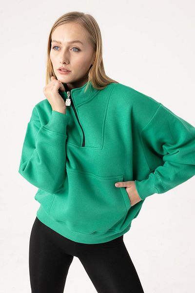 gothamvibes Women's Green Zippered Oversize Sweatshirt