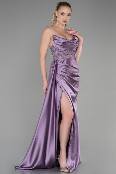 Abiyefon Rochie de seara lunga din satin cu drapaj fara bretele lavanda Abu2127