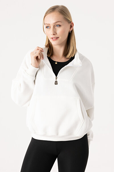 gothamvibes Women's White Zippered Oversize Sweatshirt
