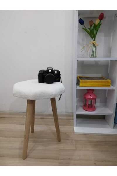Modalanka Ahşap Ayaklı Puf Teddy Kumaş Retro Gürgen Ahşap Ayaklı Beyaz Puf Bench