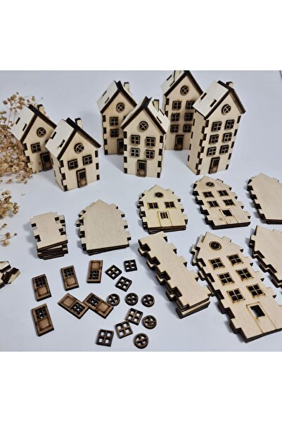 atölye la vie Ahşap Lazer Kesim Minyatür 6'lı Ev Seti,Kendin Yap Projeleri iç...