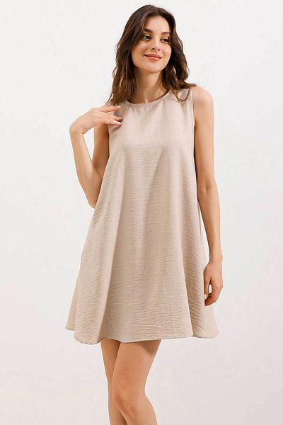 Bigdart 2444 Detailed Mini Linen Dress - Beige