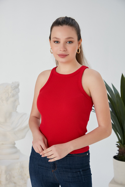 CATSPY Kırmızı Fitted/Vücuda Oturan Fitilli Esnek Örme Bluz