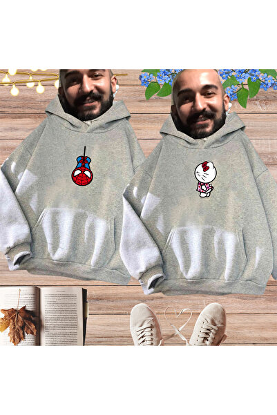 donamod Hanorac gri unisex cu glugă Spiderman Hello Kitty Cuplu Lover