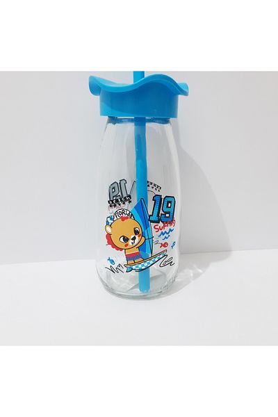 renkli çiçekler Milk Bottle with Straw Milk Meye Juice Bottle for Kids 250ml Cartoon Pattern Bottle