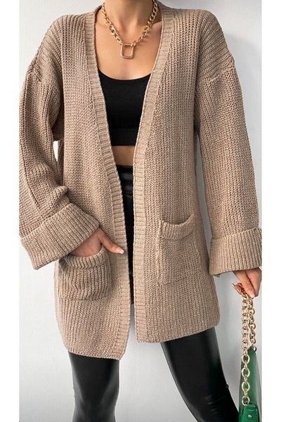 Nazende Stil Lose Strick-Cardigan für Damen mit gefalteten Ärmeln und Taschen