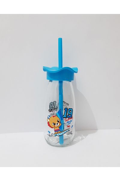 renkli çiçekler Milk Bottle with Straw Milk Meye Juice Bottle for Kids 250ml Cartoon Pattern Bottle