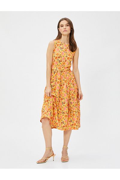 Koton Μίντι Μήκος Floral Φόρεμα Ζώνη Αμάνικο