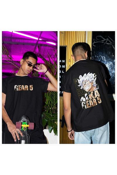 Pisa Art Унисекс тениска с голям размер и щампа на гърба с Gear 5 Luffy, тениска с аниме дизайн по поръчка за мъже и жени
