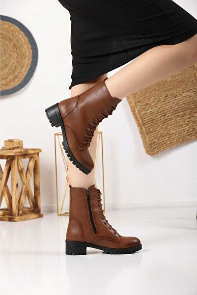 HKM shoes Bağlı Kaymaz Taban Fermuarlı Postal Trend Moda Şık 480 Taba Cilt Bot