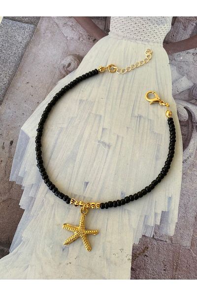 ACCESSORIES WORLD Gold Colored Starfish - Black Bead Detailed Women's Anklet