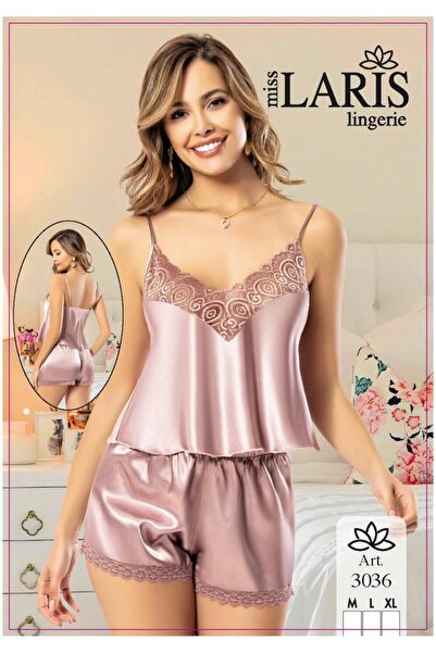 Miss Laris Lingerie 3036 Gül kurusu Dantel Işlemeli Saten Şortlu Takım