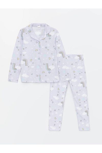 LC Waikiki Lcw Kids Girl's Patterned Shirt Collar Long Sleeve Pajamas Set