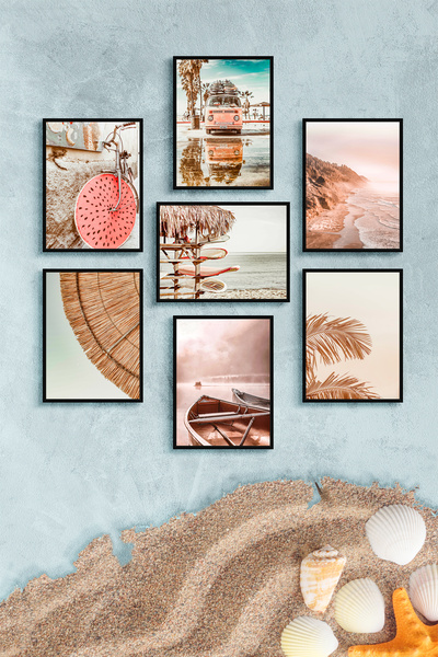 UON Siyah Çerçeve Görünümlü 7 Parça Mdf Tablo Seti Holiday Tatil Temalı Mdf B...