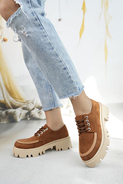 Entella Store Γυναικεία Loafer παπούτσια Tan Suede με κορδόνια