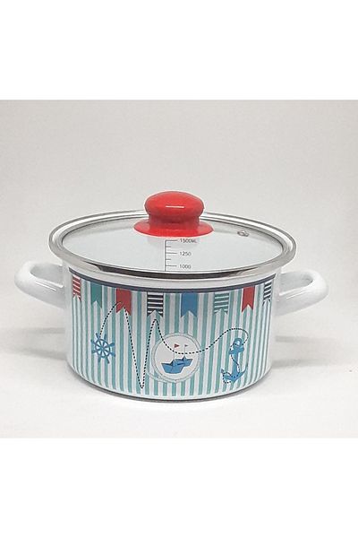 Avşar ENAMEL HOUSE 18 CM, 1750 ML, ENAMEL COOKER WITH SIZE INDICATOR, SEA DECOR