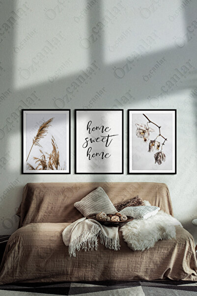 Postify Home Sweet Home Temalı Siyah Çerçeve Görünümlü 3 Parça Mdf Tablo Seti...