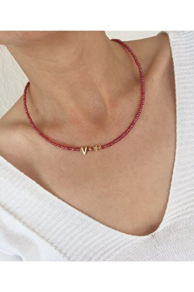 ACCESSORIES WORLD V Harfi Çelik Altın Kaplama Mürdüm Gold Renk Boncuk Kolye