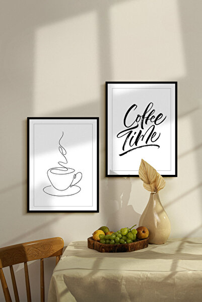 UON Coffee Time Temalı Siyah Çerçeve Görünümlü 2 Parça Mdf Tablo Seti Mdf Bas...