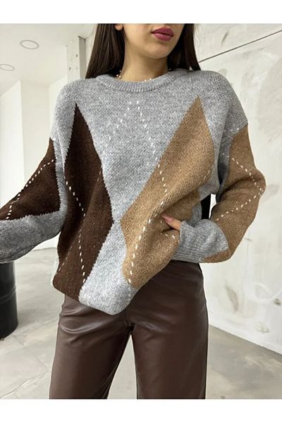 Human Base Women's Gray Beige Brown Baklava Pattern Oversize Knitwear Sweater - Old Money