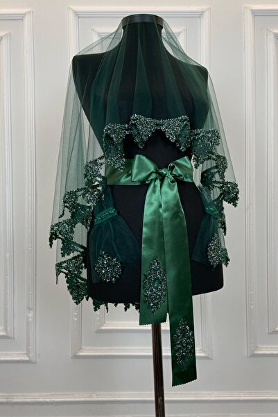 ZEYMERADE Zümrüt Yeşili Gelin Duvak Seti, Cam Boncuk ve Pul Baskılı Kına Duva...