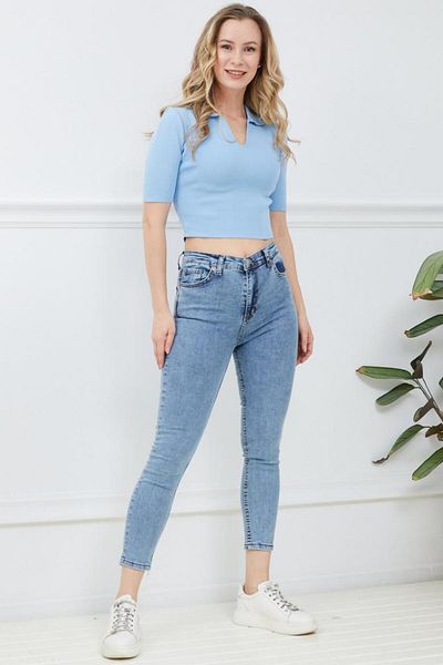 ModaDeniz Jeans - Сини тесни дънки с висока талия и наборен плат