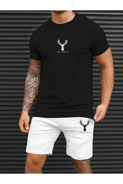 AMMA Men's Black and White Lucky To Meet You Printed Top and Bottom Shorts T-Shirt Set