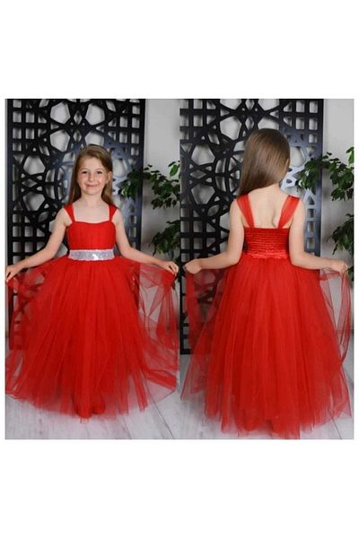AZRA ÇOCUK GİYİM Red Color Tulle Evening Dress Satin