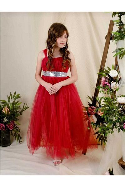 AZRA ÇOCUK GİYİM Red Color Tulle Evening Dress Satin
