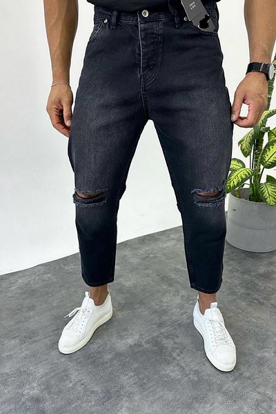 Denim Shorty Boyfriend Μαύρο Χρώμα Αντίκες Τζιν Παντελόνι με σκισίματα γονάτων