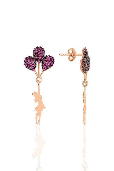 Bilsen Store 925 Ayar Gümüş Rose Kaplama Kırmızı Taşlı Balonlu Kız Model Küpe