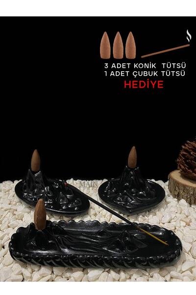 Main Collectibles Himalaya 3'lü Set Kalp Dağ Temalı Geri Akış Tütsülük Siyah ...