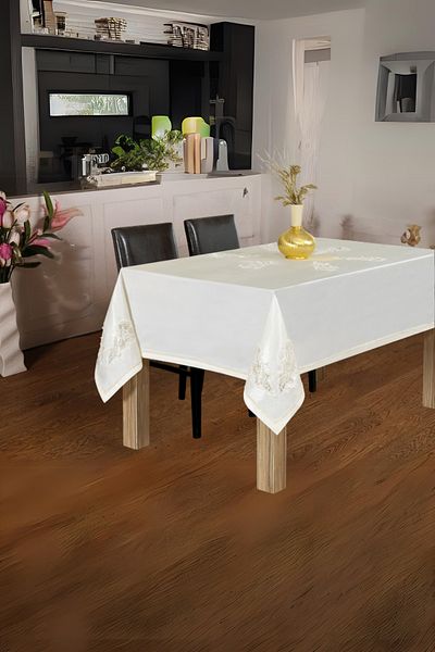 Finezza Anjelica Luxury Pearl Ruched Monora Fabric White Tablecloth Rectangle 170x330 cm - 1020