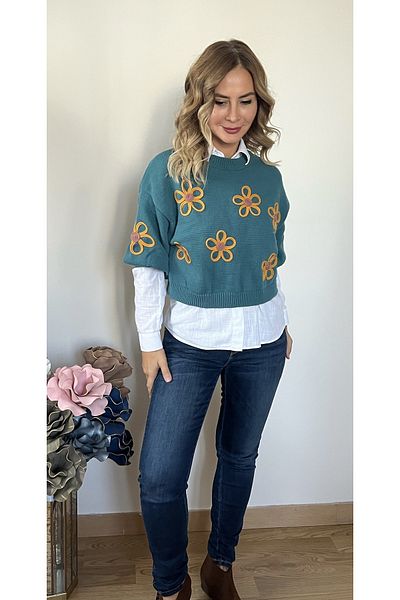 Sobe Pulover Tricotaj Cu Snur Floral Albastru Petrol