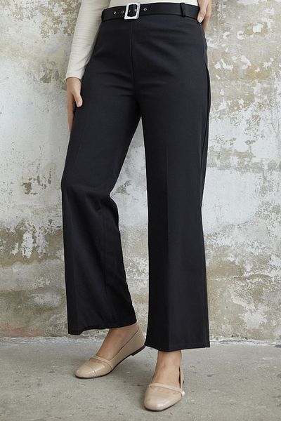 InStyle Belted Piping Detail Scuba Crepe Trousers - Black