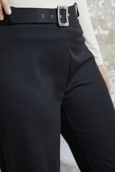 InStyle Belted Piping Detail Scuba Crepe Trousers - Black