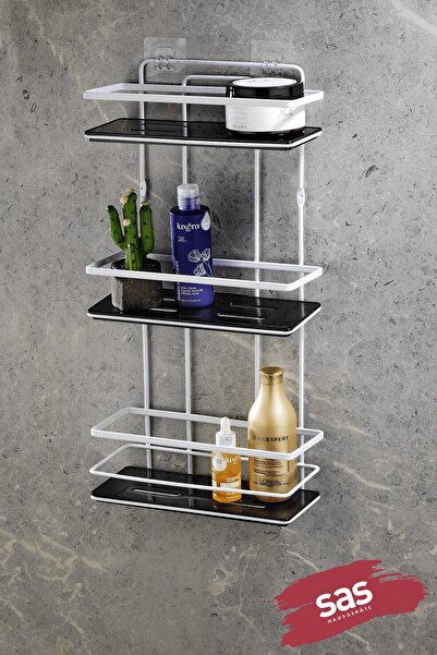 Sas Haus 3 Katlı Yapışkanlı Banyo Duş Rafı – Ayarlanabilir Kristal Raf (Yapış...