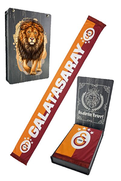 Galatasaray Orijinal Şal Atkı Aslan Baskılı Ahşap Kutulu