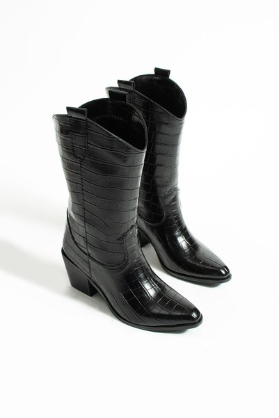 Tibu Ayakkabı Crocodile Black Cowboy Women's Boots