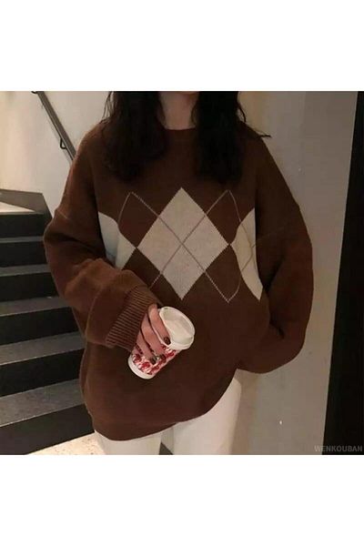 Köstebek Harajuku Vintage Brown Plaid Oversize Sweater - Favorim50Ton