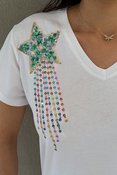FEMELLE Women's White V-Neck Shoulders Star Sequin Sequin Embroidered 100% Cotton T-Shirt