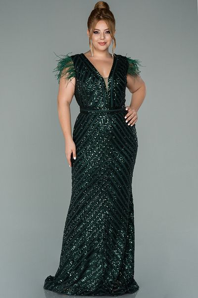 Abiyefon Emerald Green Sequin Embroidered Large Size Evening Dress Abu1044