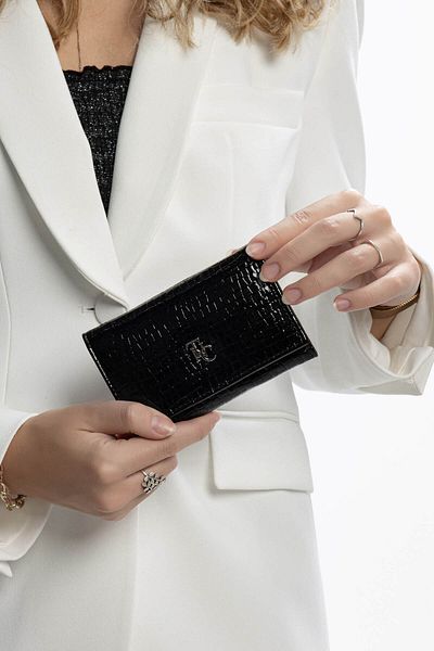 Tamer Tanca Women's Vegan Black Patent Leather Wallet Wallet