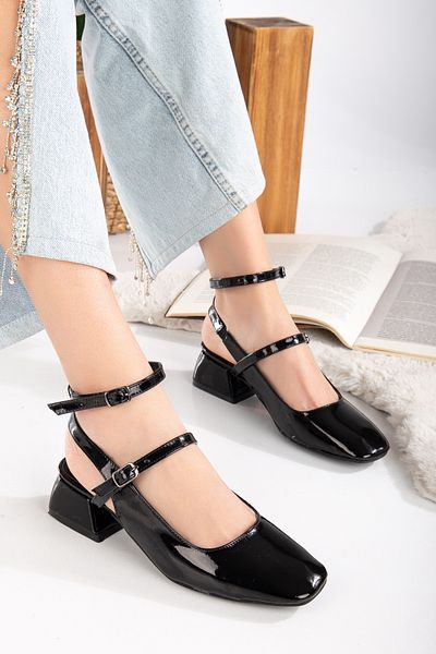 Sanvio Tarzkar Mary Jane Black Patent Leather - Square Toe, Helmet, Short Block Heels