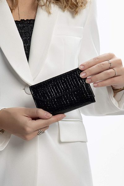 Tamer Tanca Women's Vegan Black Patent Leather Wallet Wallet